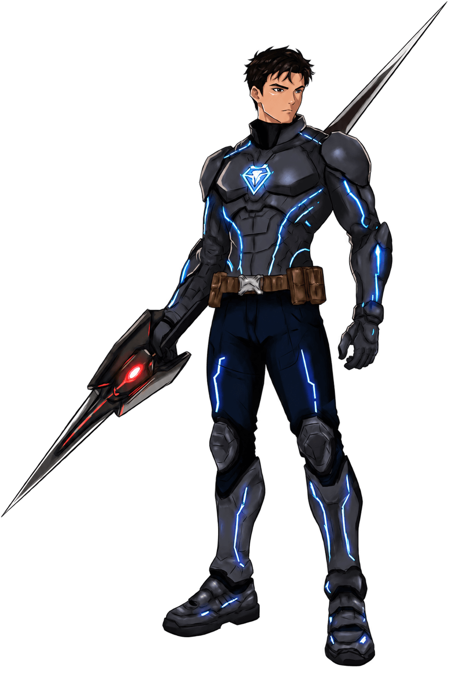 A figure in dark armour laced with glowing blue circuitry, holding a bladed spear.
